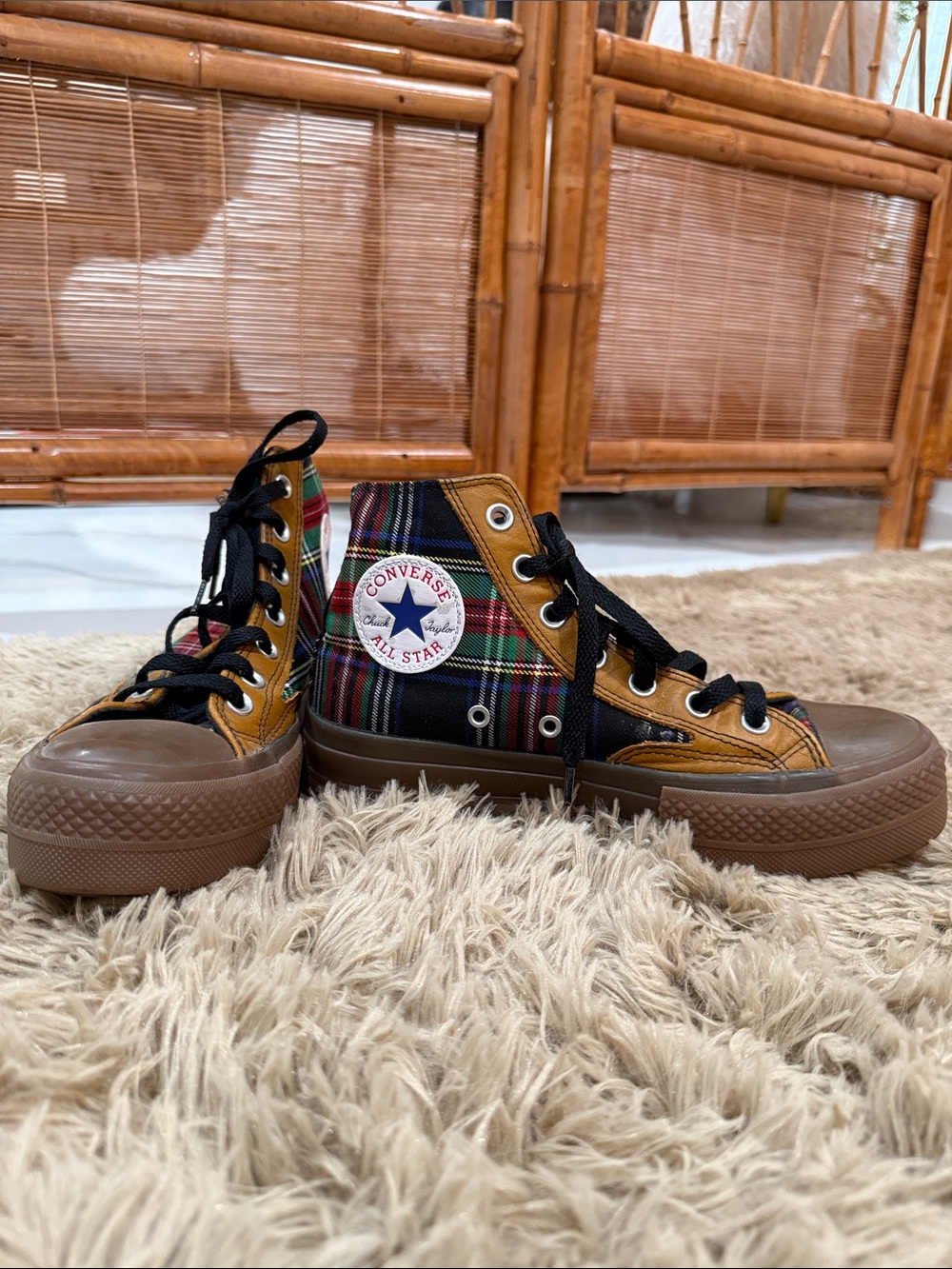 Converse Kids High-Top Sneakers in Mustard and Multicolor Plaid